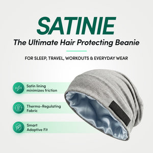 EnagenBio Satinie satin-lined beanie - grey beanie showing the pale blue satin lining