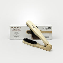 EnagenBio Doublet Anti-Frizz Smoothing Brush - natural boar bristles - brush standing on its printed retail carton
