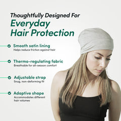 EnagenBio Satinie satin-lined beanie - woman wearing the beanie beside a features panel