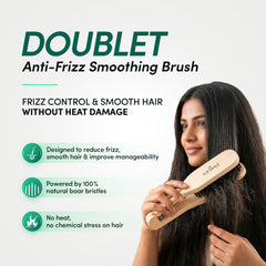 EnagenBio Doublet Anti-Frizz Smoothing Brush - natural boar bristles - woman smoothing her hair, heat-free panel