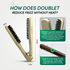 EnagenBio Doublet Anti-Frizz Smoothing Brush - natural boar bristles - dimension diagram, 22 cm by 4 cm, with close-ups