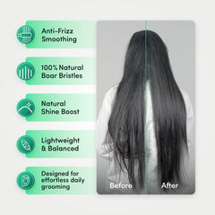 EnagenBio Doublet Anti-Frizz Smoothing Brush - natural boar bristles - feature list beside a before and after hair comparison