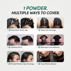 Covers grey roots, wide partings, hairline and bald spots